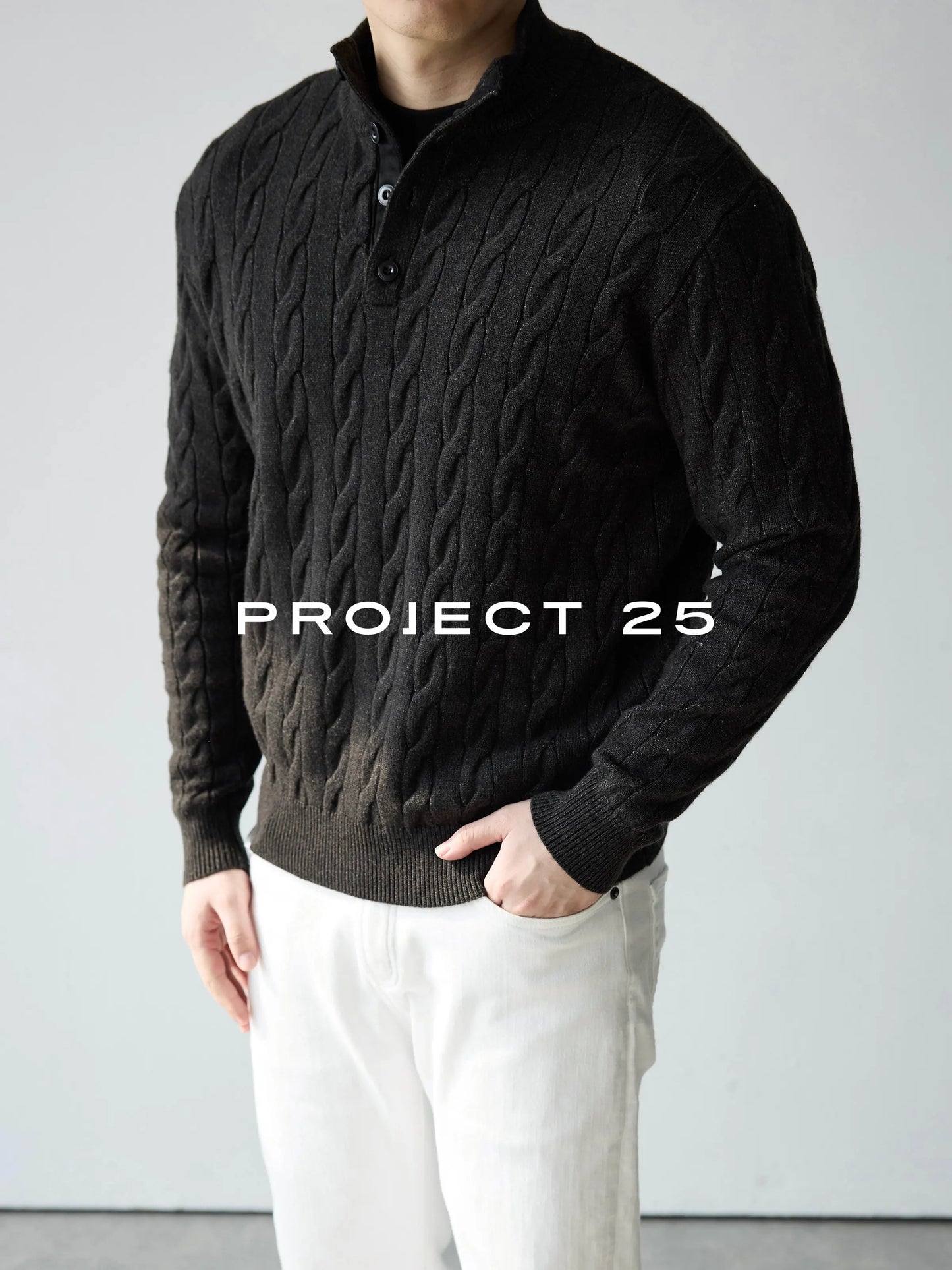 PROJECT 25 Men's American Heritage 4-Button Stand Collar Cable Knit Sweater – Premium Wool Business Casual Pullover