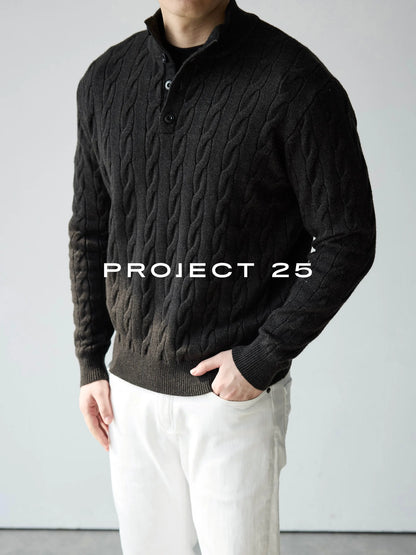 PROJECT 25 Men's American Heritage 4-Button Stand Collar Cable Knit Sweater – Premium Wool Business Casual Pullover