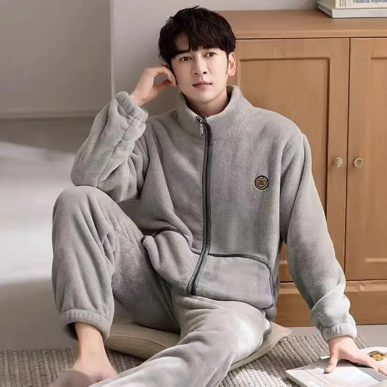 Men's Coral Fleece Pajamas Thickened Flannel Home Clothes Set Autumn Winter Style Long Sleeve Warmth Guarantee Home Scence