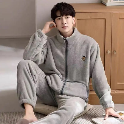 Men's Coral Fleece Pajamas Thickened Flannel Home Clothes Set Autumn Winter Style Long Sleeve Warmth Guarantee Home Scence