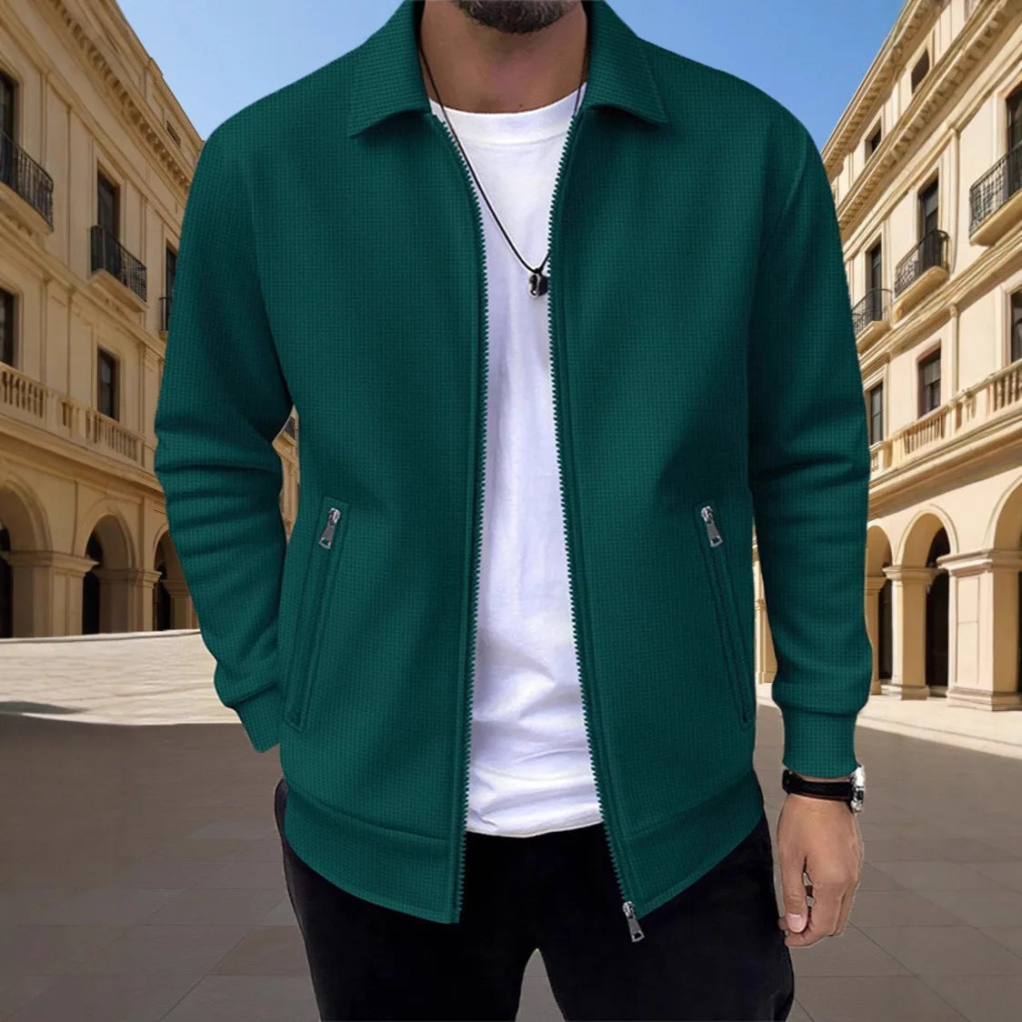 Men's Slim-fit Cardigan Solid-color Lapel Waffle Texture Zipper Pocket Casual Spring/Autumn 2025 Fashion