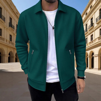 Men's Slim-fit Cardigan Solid-color Lapel Waffle Texture Zipper Pocket Casual Spring/Autumn 2025 Fashion