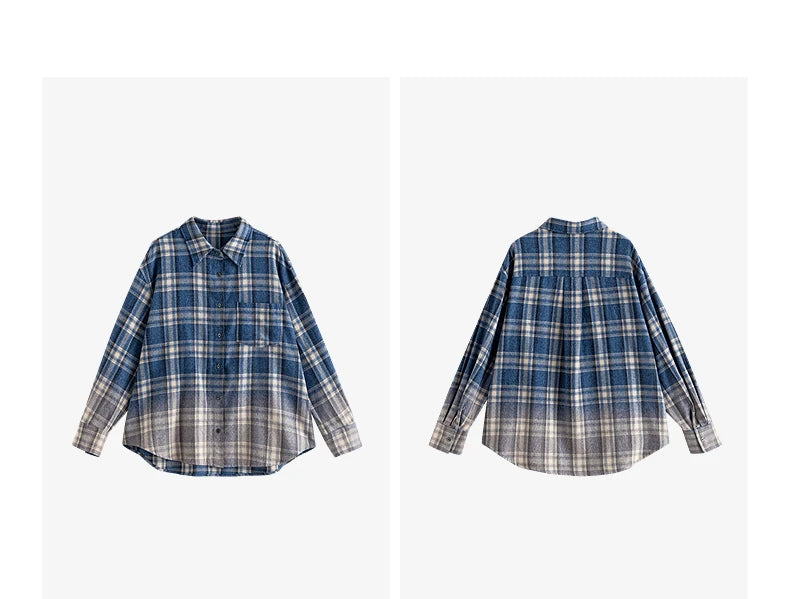 TOYOUTH Women Brushed Shirts 2026 Spring New Mid-Length Gradient Blue-White Plaid Loose Blouses