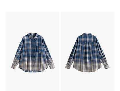 TOYOUTH Women Brushed Shirts 2026 Spring New Mid-Length Gradient Blue-White Plaid Loose Blouses