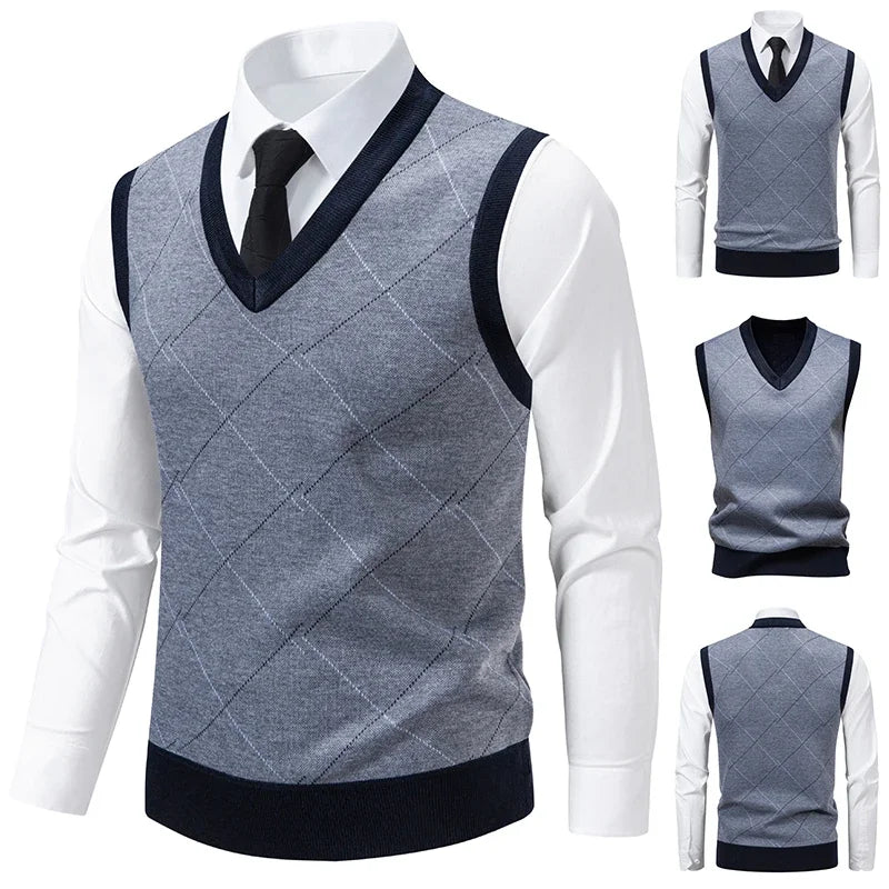 Men's V-neck Knitted Sweater Warm Autumn Winter Diamond Grid Twisted Flower Casual Fashion Versatile Knit Top