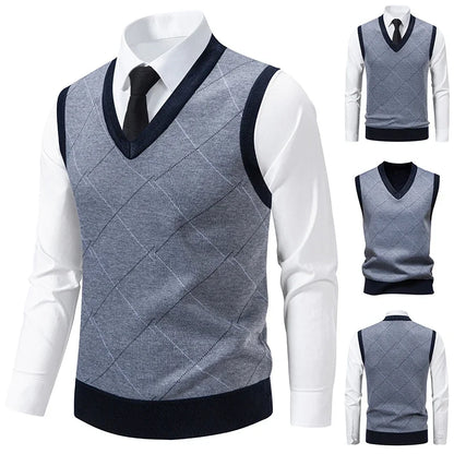 Men's V-neck Knitted Sweater Warm Autumn Winter Diamond Grid Twisted Flower Casual Fashion Versatile Knit Top