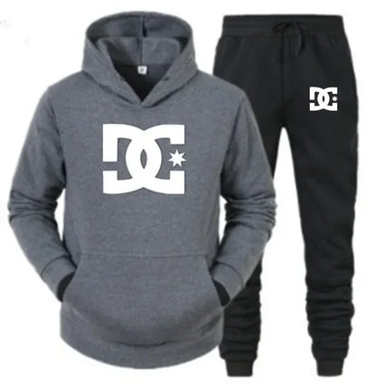 New Men's DC Print Autumn-Winter Zip-Up Hooded Sweatshirt + Leisure Pants Two-Piece Set Fitness Fashion Running Outfit