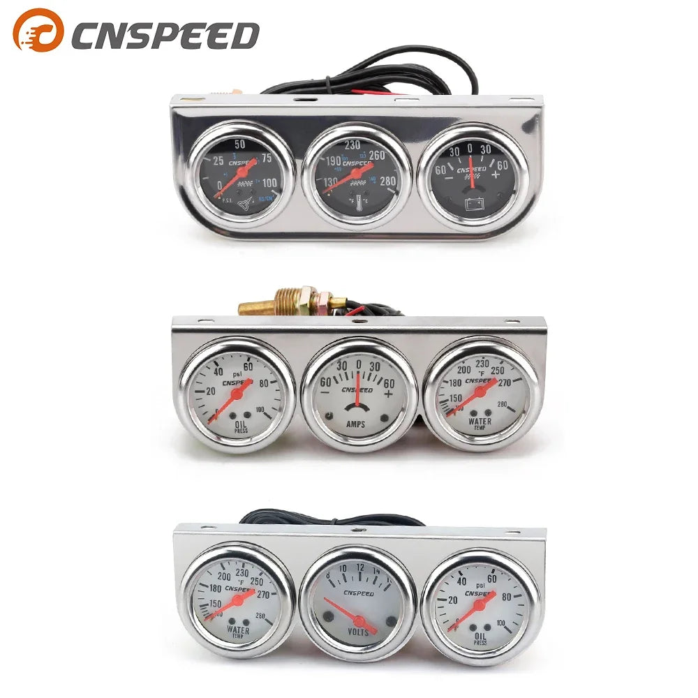 2" 52mm Chrome Panel Oil Pressure Water Temp Amps Volt meter Triple Gauge Set Black white Face