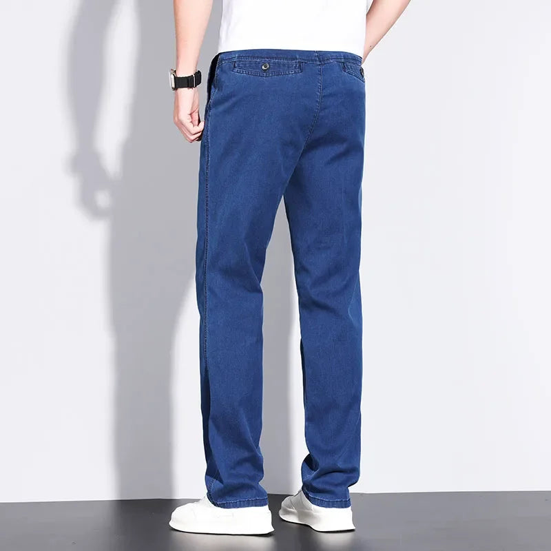 Classic Men's High Waist Cotton Jeans Summer Thin Fitted Straight Business Casual Denim Work Trousers Blue Gray