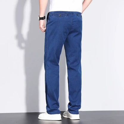 Classic Men's High Waist Cotton Jeans Summer Thin Fitted Straight Business Casual Denim Work Trousers Blue Gray