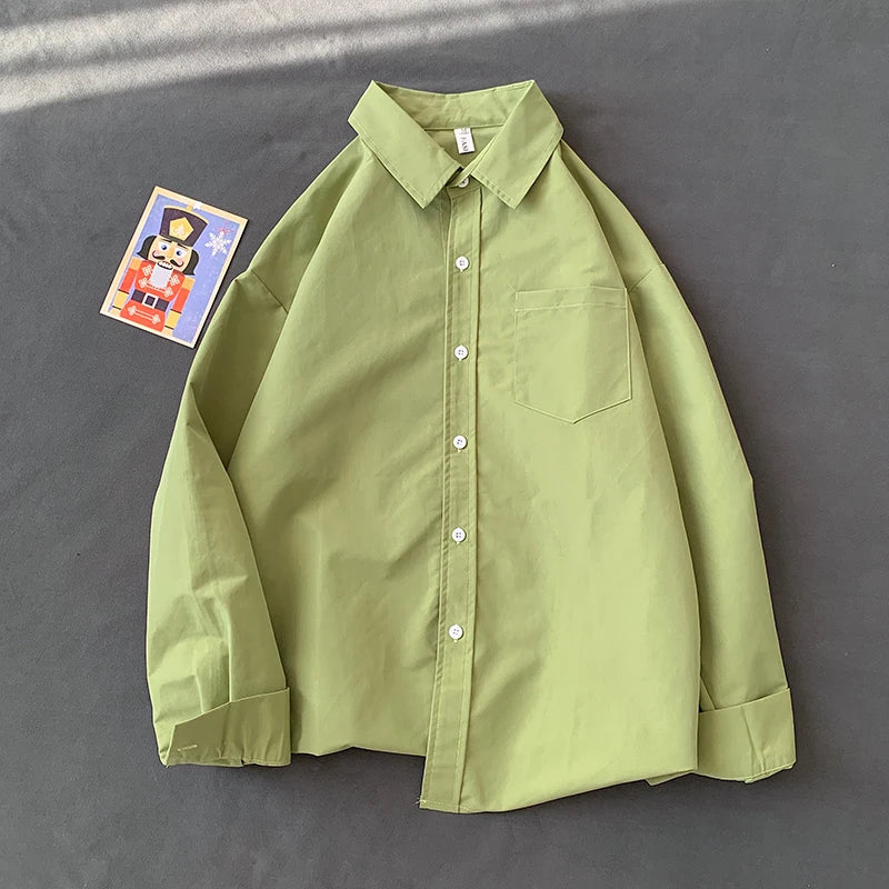 Loose Long Sleeve Pure Color Shirt Women's Basic Style Retro Korean Hong Kong Style Casual Outerwear for Couples Student Fashion