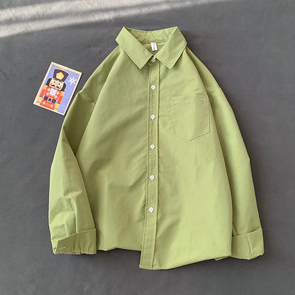 Loose Long Sleeve Pure Color Shirt Women's Basic Style Retro Korean Hong Kong Style Casual Outerwear for Couples Student Fashion