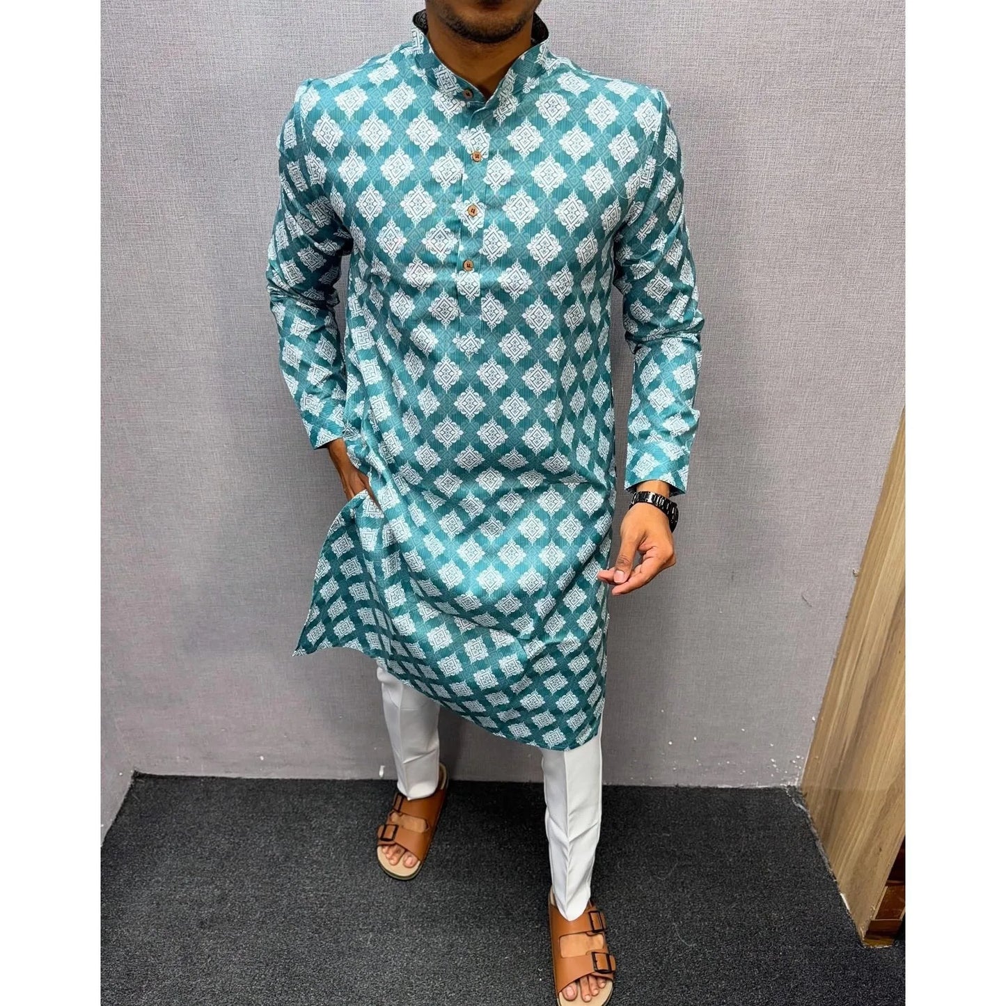 Kurta Vardha Regular Fit Mandarin Collar Long Suitable All Occasions Such Wedding Hari Raya Aidilfitri Gebetskleidung Mann