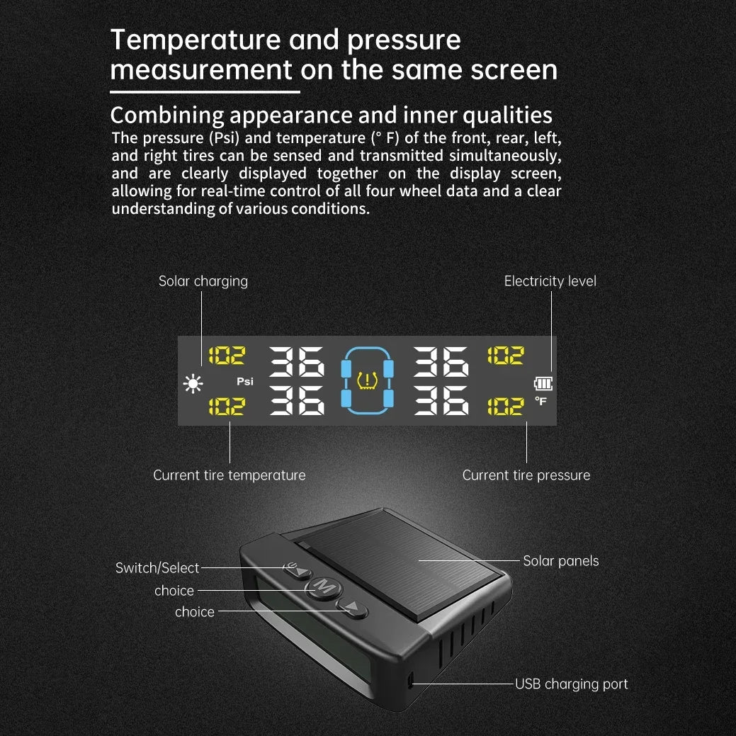 Tire Pressure Monitoring System Car Safety Alarm Wireless Solar/USB Powered 4/6 Sensors Color Digital Display For Caravan Truck