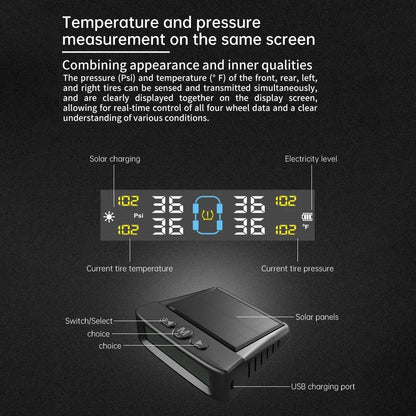 Tire Pressure Monitoring System Car Safety Alarm Wireless Solar/USB Powered 4/6 Sensors Color Digital Display For Caravan Truck