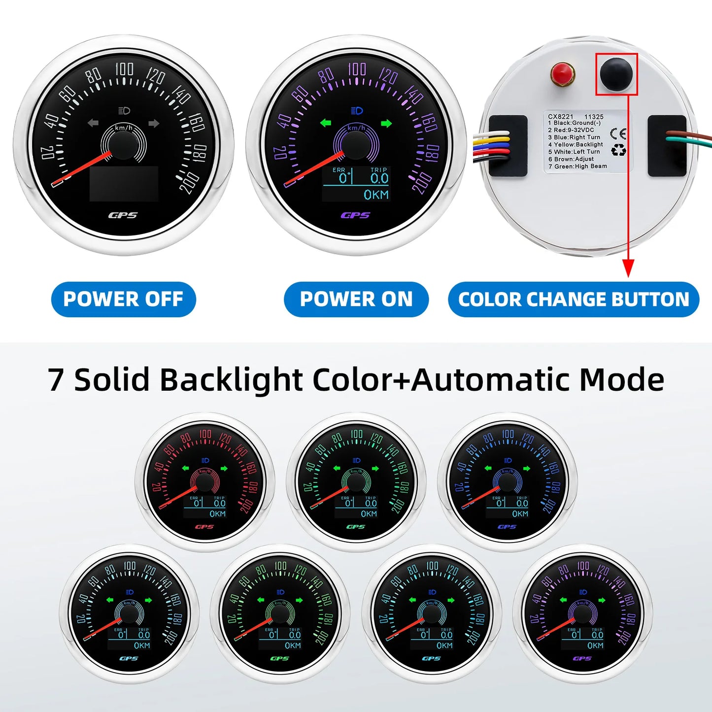 85MM GPS Speedometer 0-160MPH 0-200KMH With GPS Antenna 7 Colors Backlight Digital LED Odometer Gauge for 12V24V Car Boat Marine