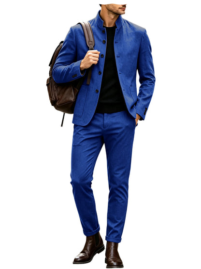 Men's Linen Stand Collar Suit 2-Piece Blazer & Pants Set Slim Fit Business Casual Tuxedo Jacket Trousers Formal Wedding Outfit