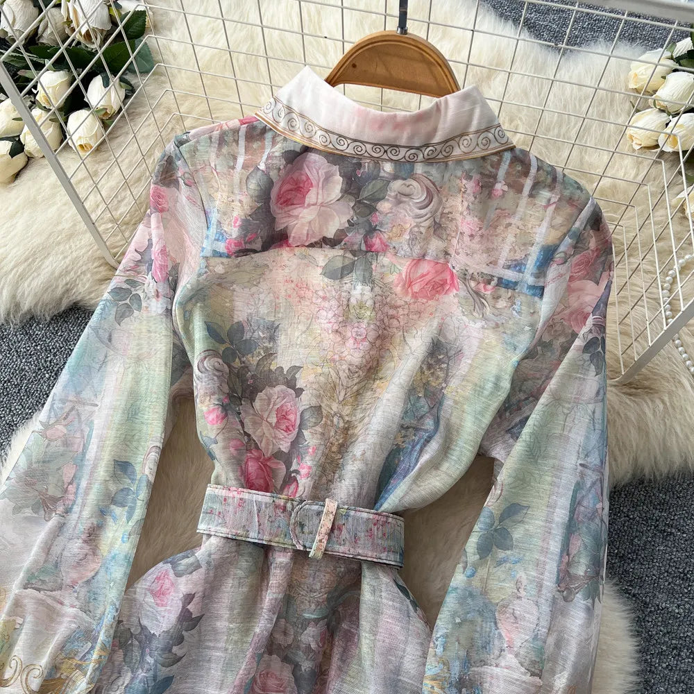 Elegant Flower Printed Linen Mini Dress with Long Lantern Sleeves Women's Lapel Single-Breasted for Birthday Party Club Wear