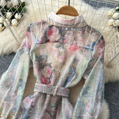 Elegant Flower Printed Linen Mini Dress with Long Lantern Sleeves Women's Lapel Single-Breasted for Birthday Party Club Wear
