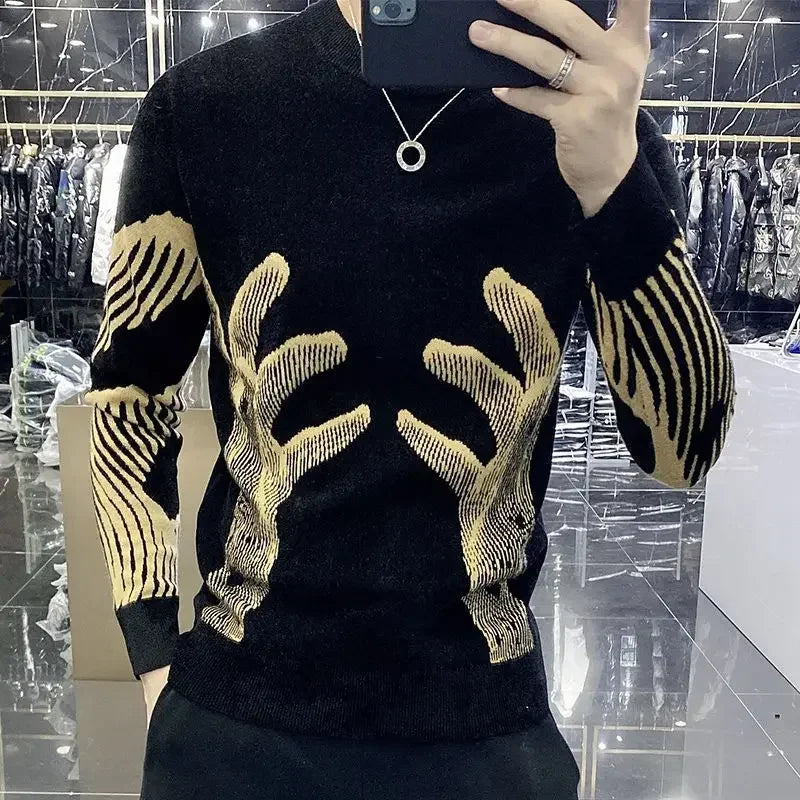 Men's Clothing Crewneck Hippie Graphic Black Pullovers Knit Sweater Male Round Collar Warm Korean Style Elegant Maletry Fun Old
