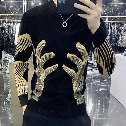 Men's Clothing Crewneck Hippie Graphic Black Pullovers Knit Sweater Male Round Collar Warm Korean Style Elegant Maletry Fun Old