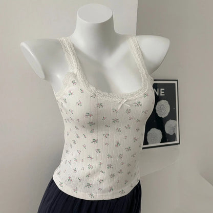Bow Floral Eyelet Lace Trim Tank Tops Women Summer Cotton Sleeveless Slim Camisole Girls Sweet Cute Preppy Style Crop Top Y2K