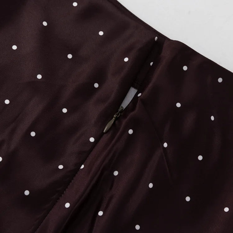 Two Piece Skirt Set Printed Polka Dot Satin Skirt Set Women's Long Sleeved Lace Up Shirt+high WAIST Midi Skirt Set