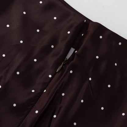 Two Piece Skirt Set Printed Polka Dot Satin Skirt Set Women's Long Sleeved Lace Up Shirt+high WAIST Midi Skirt Set