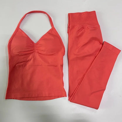 2 Pieces Sports Set Women Backless Tank Yoga Tops High Waist Scrunch Seamless Shorts Sport Gym Set Sportswear Workout Set
