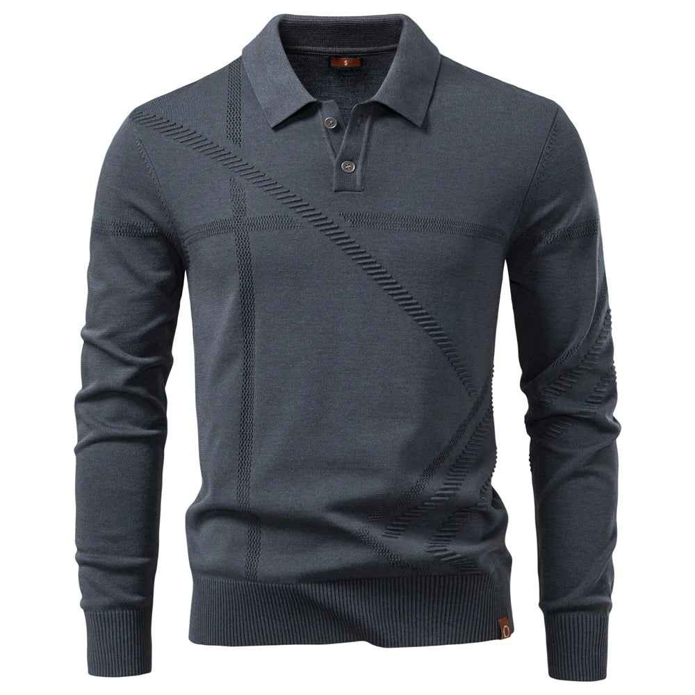 AIOPESON Men's Slim Fit Long Sleeve Polo Shirt Autumn Winter Thermal Comfort Fashion Stripe Solid Color Button up Polo Tops