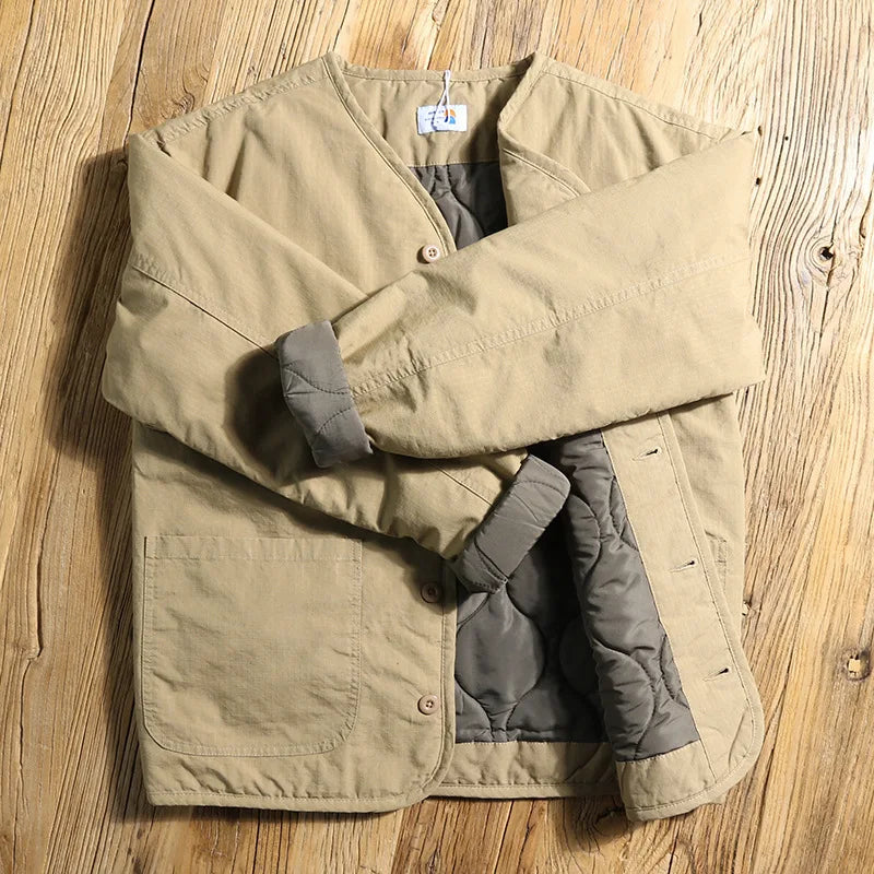 Outdoor Autumn and Winter Cycling Collarless Cotton-padded Jacket for Men, Quilted Waterproof and Warm Inner Liner Work Jacket