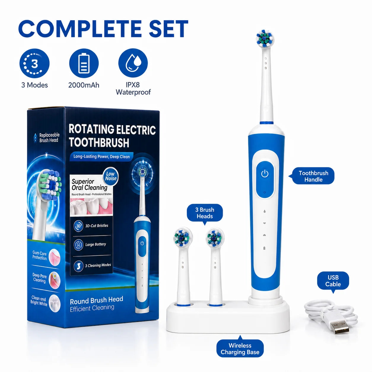 Dr Yadent Rotary Electric Toothbrush for Adults 3 Modes IPX7 Waterproof 3 Brush Heads 45 Days Battery Compatitble with Oral B