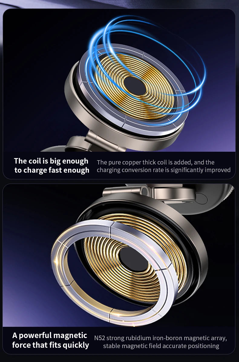 Folding 15W wireless charging car phone holder vacuum suction 360 ° rotating magnetic support bracket