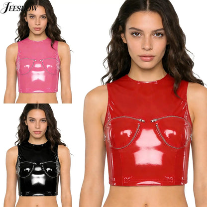 Womens Shiny PU Leather Front Zipper Crop Top Wet Look Crew Neck Sleeveless Back Zipper Slim Fit Tank Top Rave Party Blouse