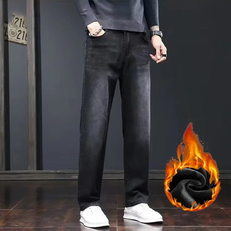 New Men Snow Warm Plush Fleece Jeans Male Daily Youthful Vitality Fashion Loose Straight Denim Pants Thermal Dark Gray Trousers