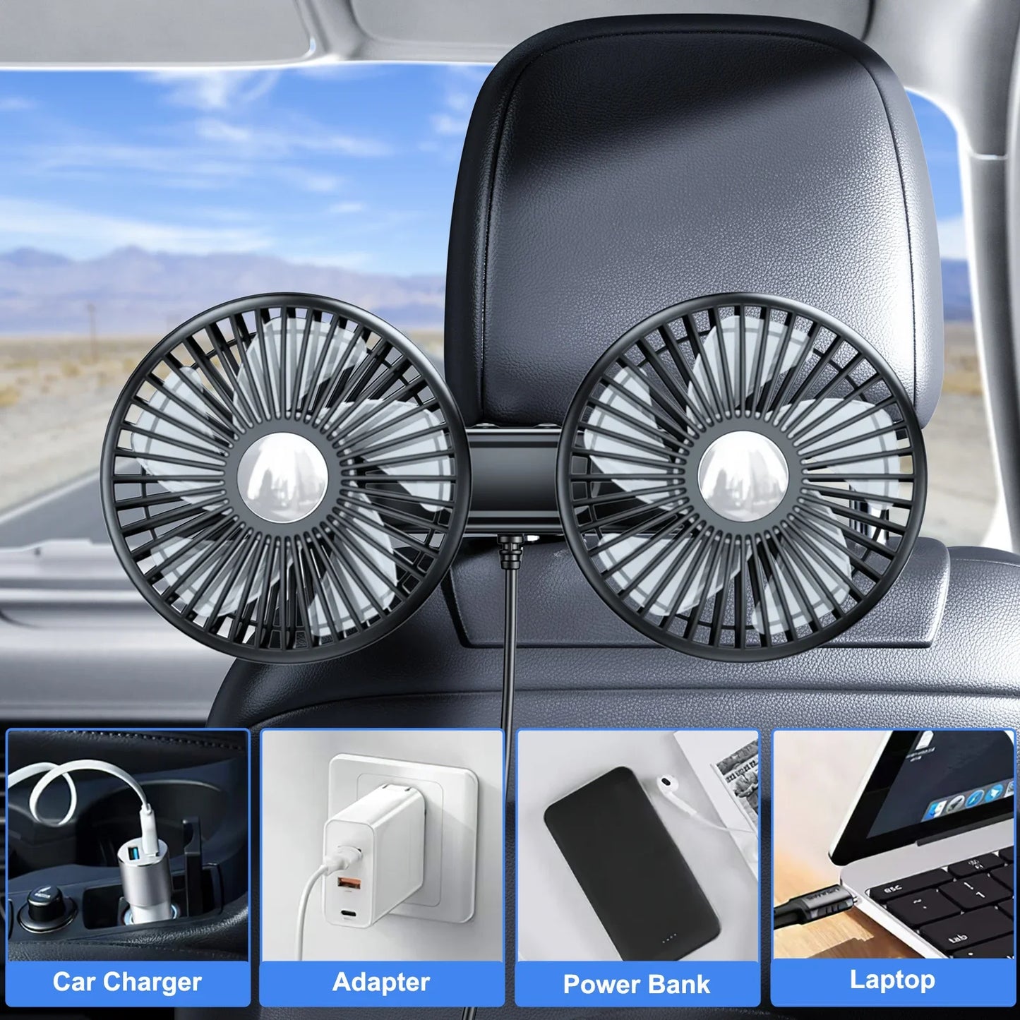 Hipacool Extension Arm Dual-Head Fan for Car Headrest 360° Rotation Air Cooling Fan Angle Adjustable 3-Speed Wind Brushless Fan
