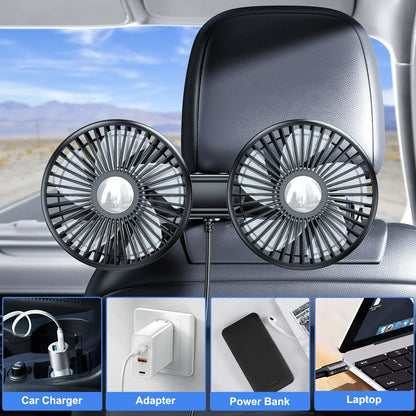 Hipacool Extension Arm Dual-Head Fan for Car Headrest 360° Rotation Air Cooling Fan Angle Adjustable 3-Speed Wind Brushless Fan