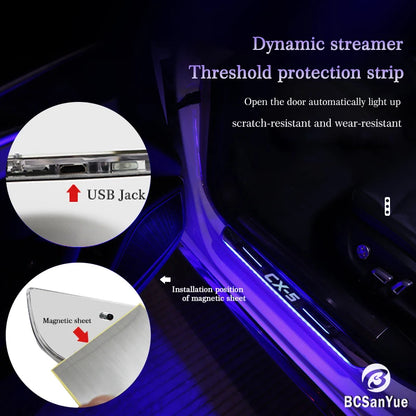 Wireless Car Welcome Door Sill Light for Mazda CX5 Projector Lamp USB Power Moving LED Car Scuff Pate Pedal Interior Accessories