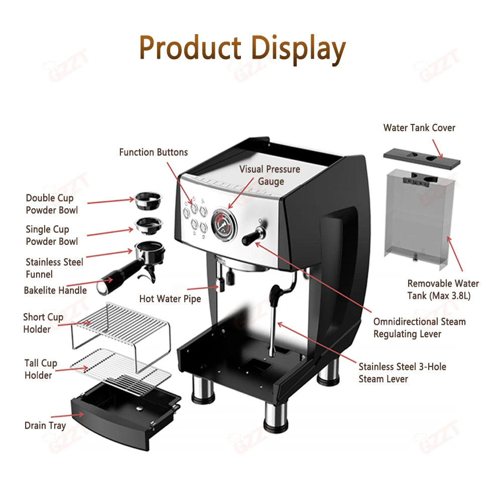GZZT CM808 9Bar Commercial Semi-automatic Coffee Machine ULKA Pump 3 Boilers PID Temperature Control Espresso Coffee Tea Makers