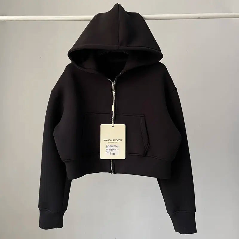 Trendy American Hot Girl  Color Air Layer Loose Hoodie Women Spring Autumn Sports Belly Short Top Polyester Spandex