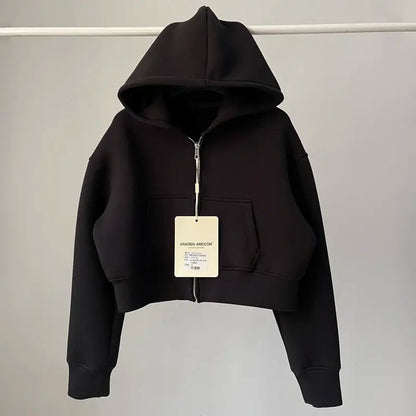 Trendy American Hot Girl  Color Air Layer Loose Hoodie Women Spring Autumn Sports Belly Short Top Polyester Spandex