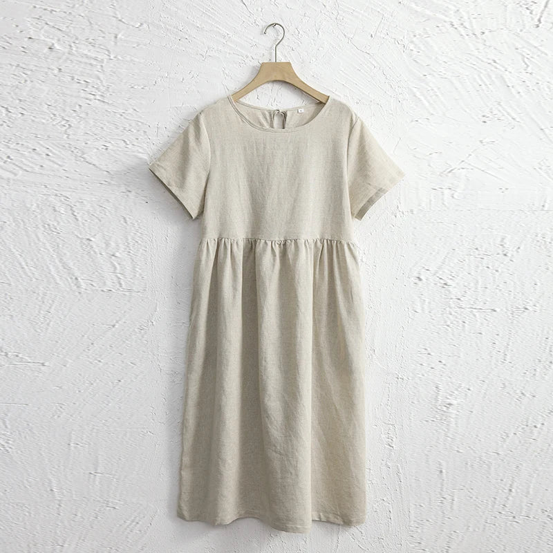 Summer Cotton Linen Women Dresses Vintage Short Sleeve Casual Loose Back Bandage Harajuku Party Club Dress With Pockets