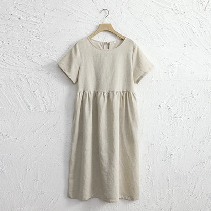 Summer Cotton Linen Women Dresses Vintage Short Sleeve Casual Loose Back Bandage Harajuku Party Club Dress With Pockets