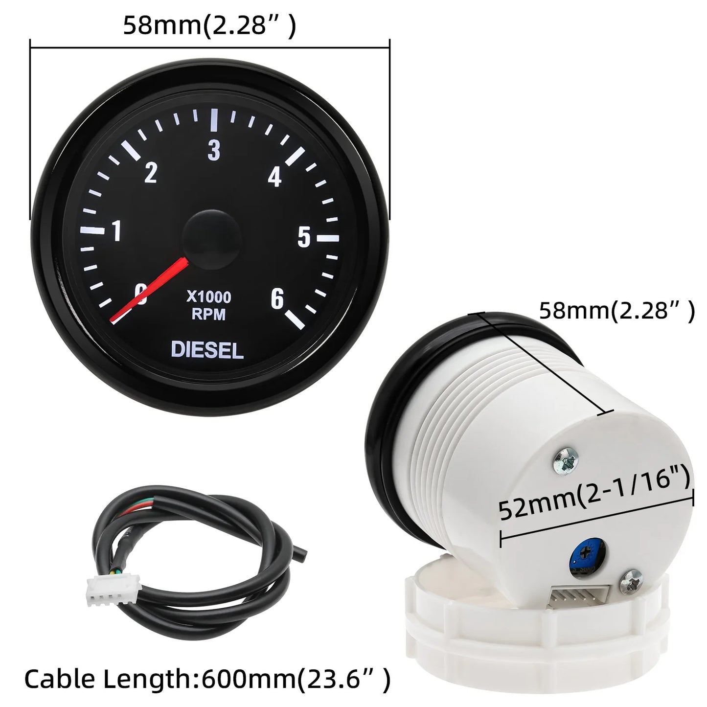 New 52MM 0-6000 RPM Tachometer White Backlight Tacho Meter Electrical Tachometer Gauge For 1-20 Cylinder Diesel Engine Car 12V