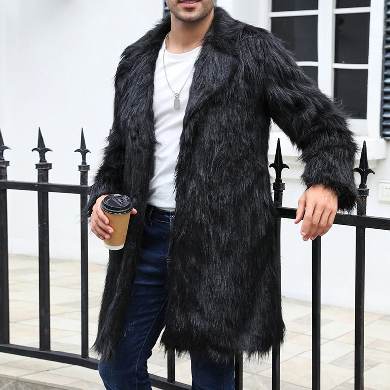 Men s Faux Fur Hooded Parka Winter Warm Long Sleeve Solid Color Print Long Jacket Open Front Overcoat with Pockets