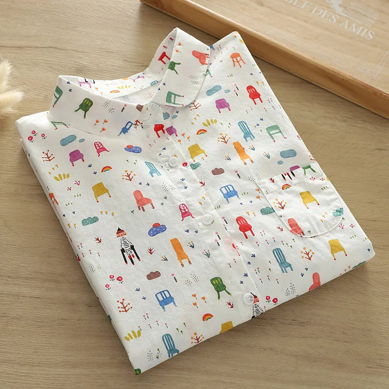Vacation Style Colorful Printed Shirt Women 2024 New Fresh Loose Women's Casual Shirt & Blouses Lady Long Sleeve Tops Clothes