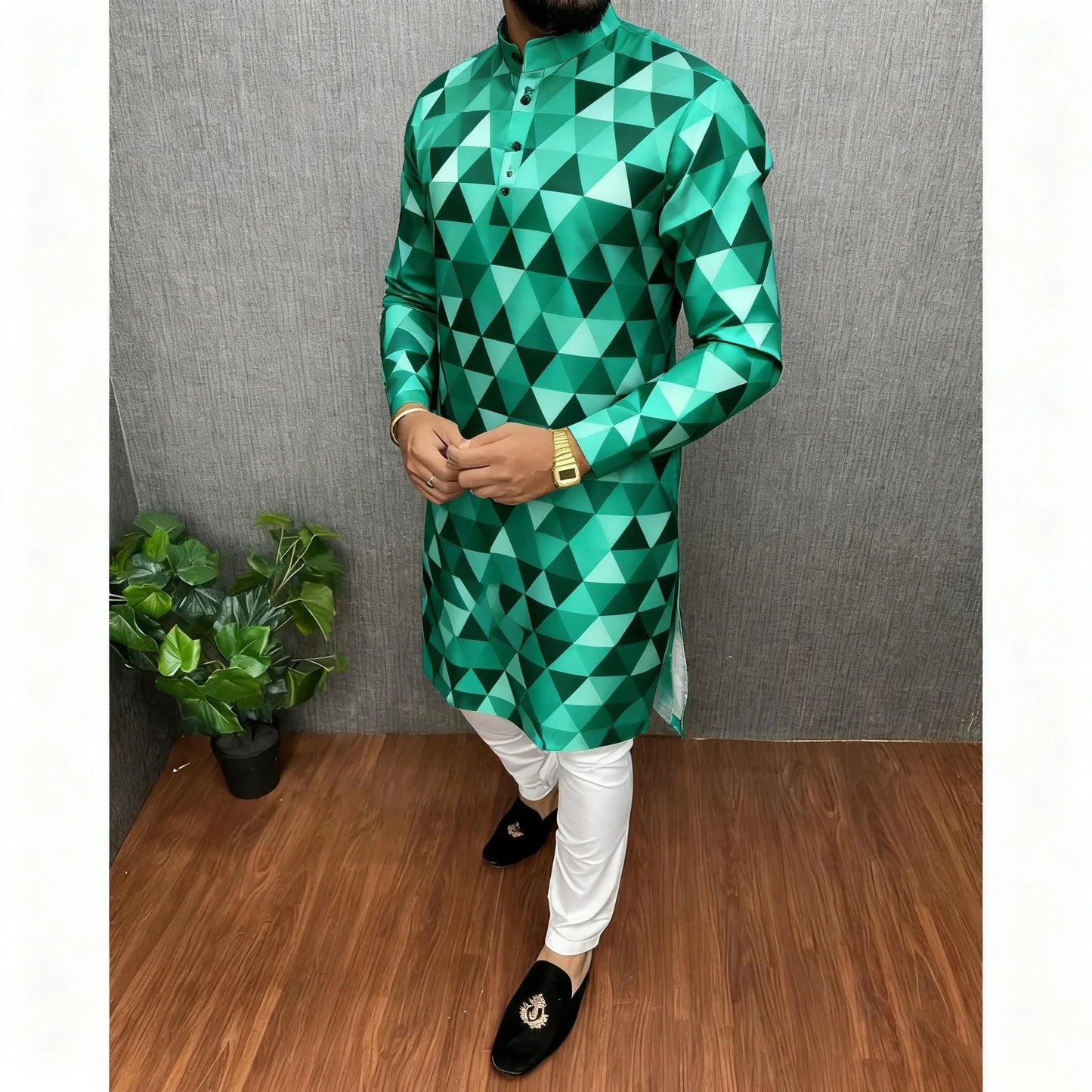 Men Islamic Arabic Abaya Robe Ethnic Print Stand Collar Youth Mid-length Shirt Luxury Coat Moslim Kleding Vestiti Musulmani Uomo