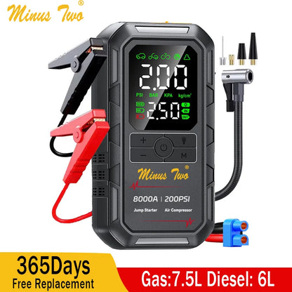 Minus Two Car Jump Starter Air Compressor with Power Bank Portable Electric Pump Battery Booster 12V Jump Box with Flashlight