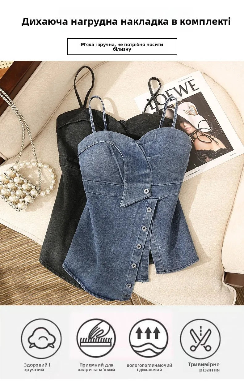 Irregular Halter Neck Denim Crop Top Women Summer Outdoor Wear with Chest Pad Slimming Sexy Girl Shirt Short Length Zipper
