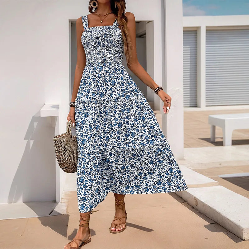 Women's Floral Maxi Dress Summer Square Neck Strappy Backless Smocked Bodice High Waist Long Dress Vacation Beach Outfit 2026